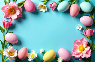 Easter Eggs is a beautiful light Easter layout with eggs, cherry blossoms and on a pastel blue background. view from above. a place to copy. flat layout. place for the text