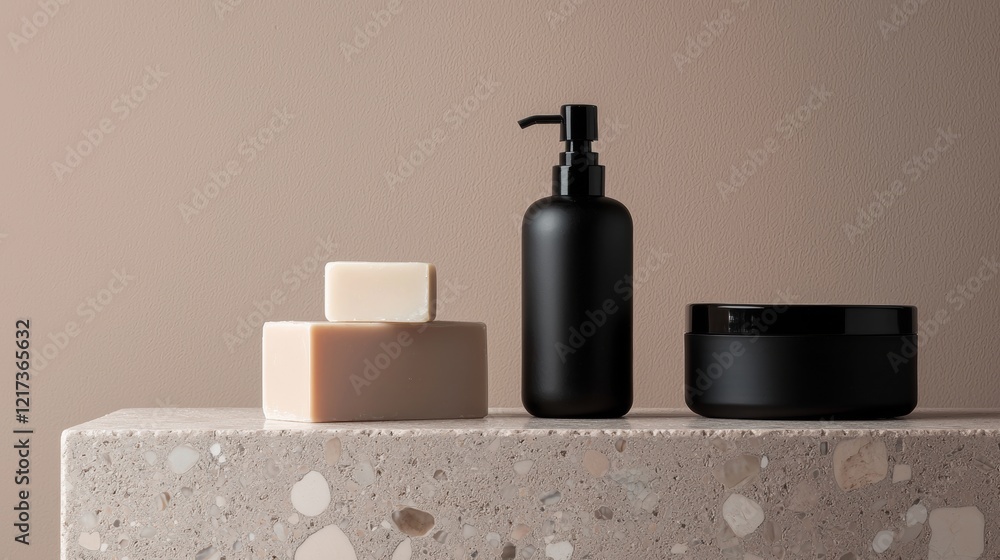 Poster three objects on a beige-colored countertop with a speckled surface. on the left side, there is a bl