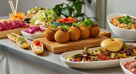 Table with many different types of food, including a variety of sandwiches