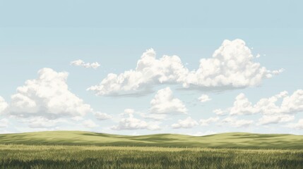 Fototapeta premium Serene landscape with rolling green hills under a bright blue sky filled with fluffy clouds