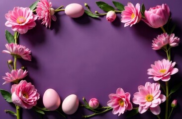 Easter Eggs is a beautiful light Easter layout with eggs, cherry blossoms and an Eggplant background. view from above. a place to copy. flat layout. place for the text