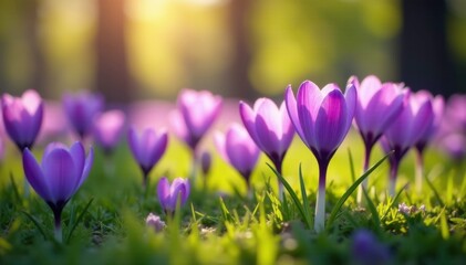 Field of violet crocuses swaying gently in the breeze, seasonal change, , blooming flowers