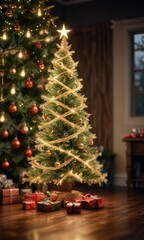 Glittering tinsel wraps around a sturdy, wooden Christmas tree , holiday, celebratory