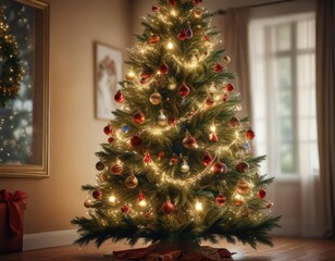 Glittering lights and decorations adorning a Christmas tree, festive decor, ornaments, twinkling lights