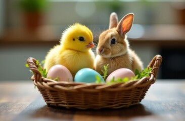 Easter bunny and baby bird sitting in a basket, Easter holiday