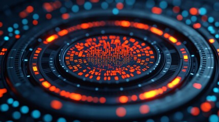 A vibrant, abstract digital representation featuring concentric circles filled with glowing dots in red and blue hues.