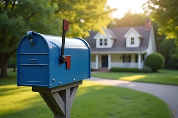 Vibrant Blue Mailbox with Purple Flowers Against Blurred Suburban Home