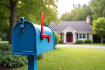 Classic Blue Mailbox with Red Flag in Autumnal Setting