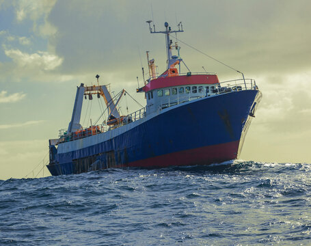 Fishing trawler trawling for fish and seafood in the evening ocean.