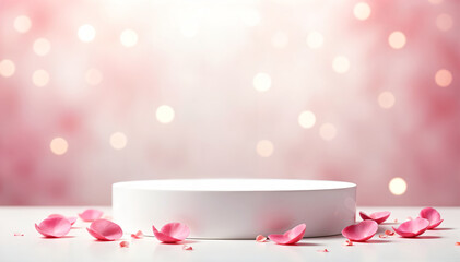 3d Mock up Pale podium with rose petals and soft lighting Pedestal stage for romantic product presentation Delicate scene for advertising Sale promotion background