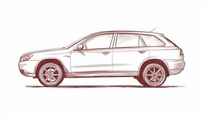 Obraz premium Side view sketch of a modern SUV parked against a plain backdrop, showcasing its design features