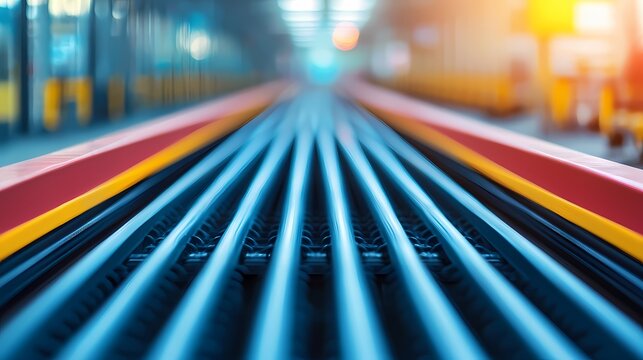 A close-up view of train tracks, featuring parallel lines leading into a blurred background, evoking a sense of motion and travel.