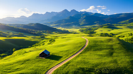 Idyllische Berglandschaft mit Hütte und geschwungenem Weg – Perfekte Naturkulisse