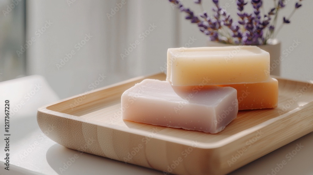 Poster three soap bars on a wooden tray. the soap bars are arranged in a triangular formation, with the lar