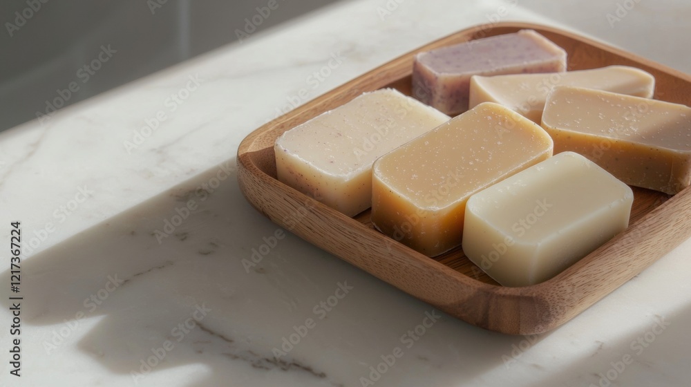 Poster wooden tray with six rectangular soaps arranged in a row on a white marble countertop. the soaps are