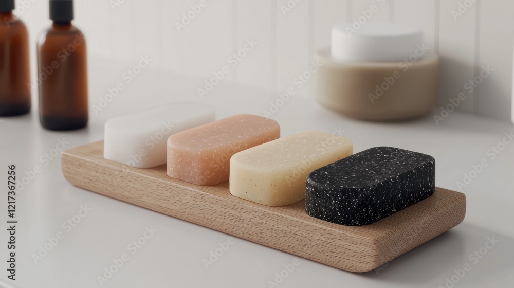Poster wooden soap dish with four soap bars on it. the soap bars are arranged in a row and are of different