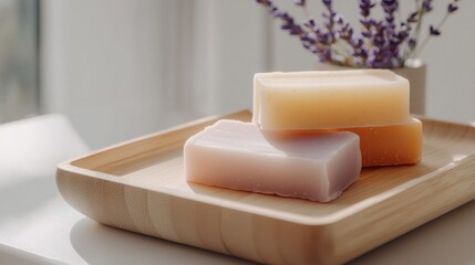 Three soap bars on a wooden tray. the soap bars are arranged in a triangular formation, with the largest bar in the center and two smaller bars on either side.
