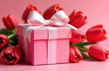 Obraz premium A Charming Pink Gift Box Delicately Surrounded by Beautiful, Vibrant Red Tulips Blooms