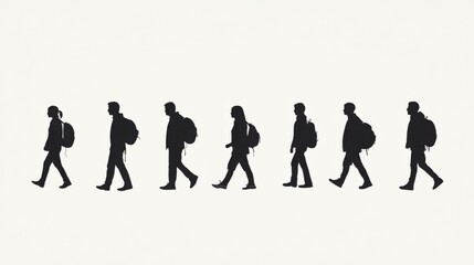 Silhouetted figures of diverse individuals walking in a line, showcasing movement and travel