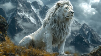 Majestic white lion sits mountaintop, dramatic cloudscape, fantasy artwork