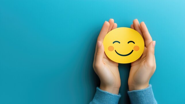 Woman hands holding smile face, positive thinking, mental health assessment , world mental health day concept, generative ai