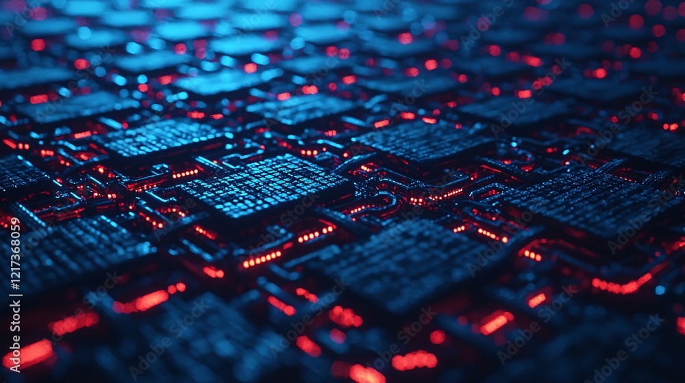 Poster a close-up view of a textured surface with glowing blue and red elements, resembling a digital or te