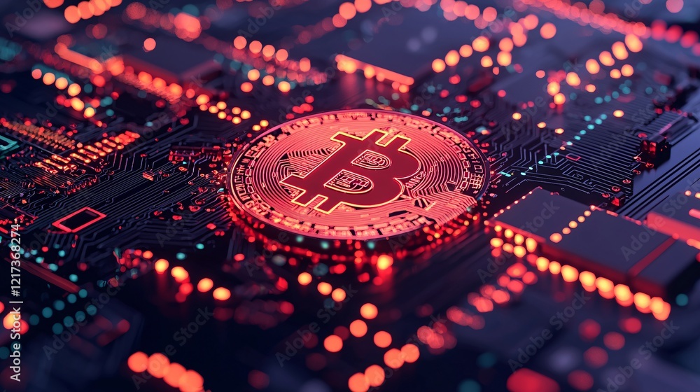 Poster a close-up view of a bitcoin symbol overlaid on a circuit board, illuminated with vibrant red and bl