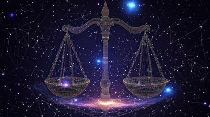 Libra zodiac sign constellation, scales of justice, starry night.