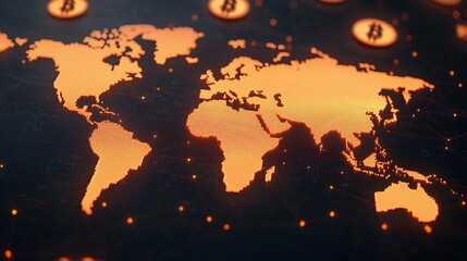 A glowing orange world map on a dark background, surrounded by stylized representations of digital currencies.