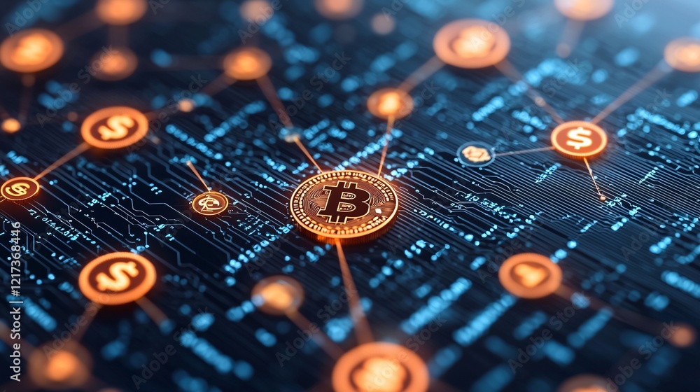 Aufkleber a digital representation of bitcoin interconnected with various currency symbols, illustrating the n