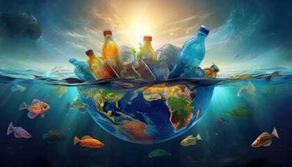 art of Garbage destroying our world oceans and earth - concept with plastic bottles, social issues