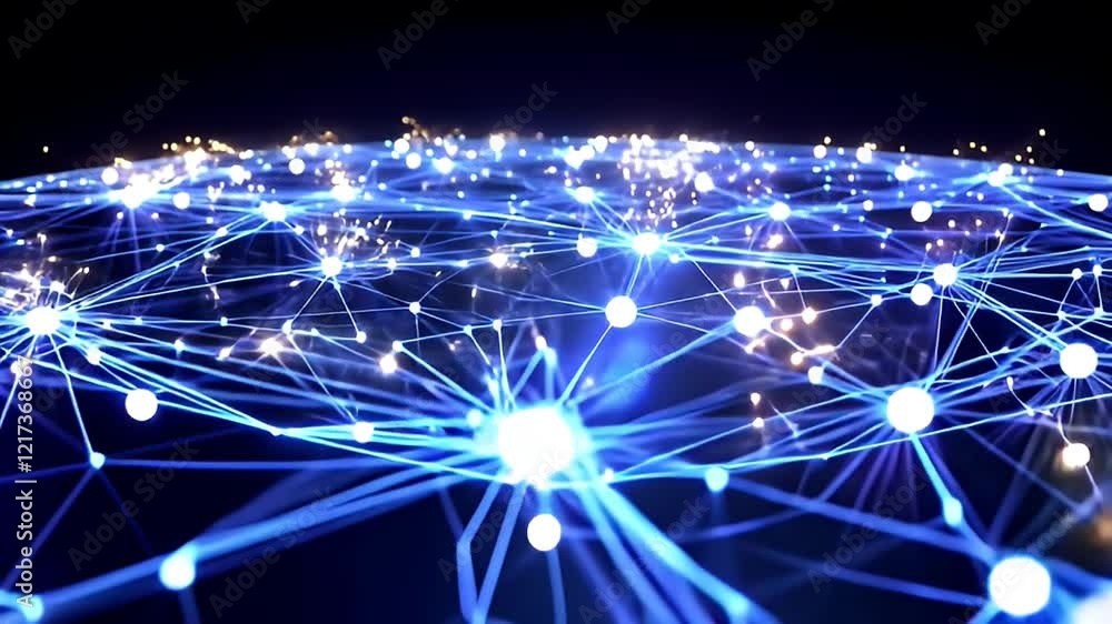 Poster holographic technology digital neural network with glowing nodes and evolving connections in data vi