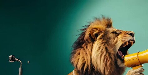 Lion roaring through a yellow megaphone
