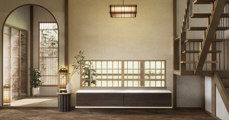 Stairs wooden in modern room with white wall with wood wall design.