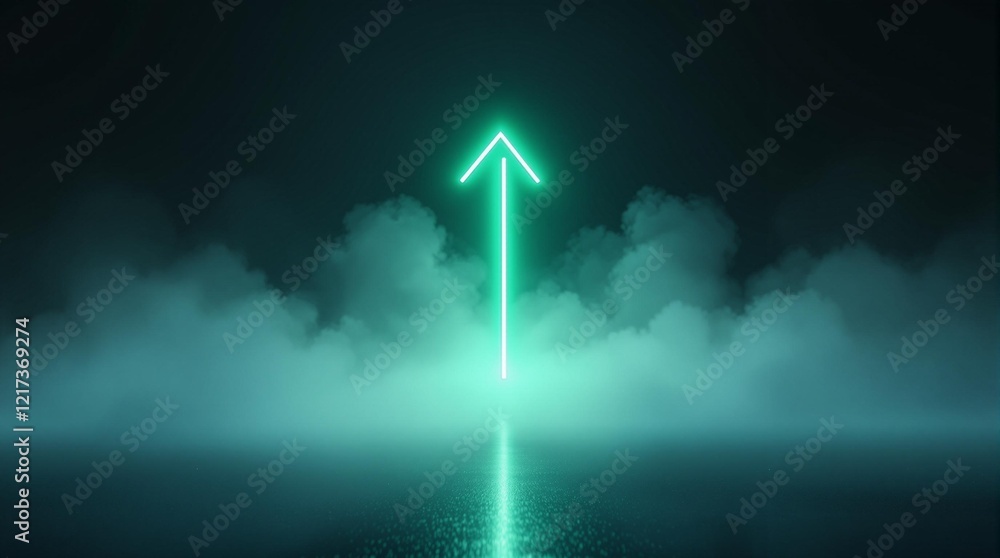Poster an abstract, neon-style arrow pointing upwards in a dark background. the arrow is glowing with a lig