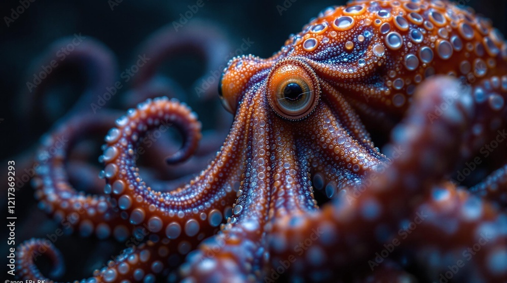 Poster a close-up of an octopus with its tentacles extended and water droplets visible on its body. the oct