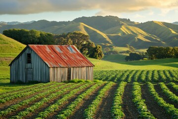 A small farm shed surrounded by neatly planted vegetable rows.