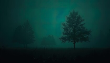 Naklejka premium Silhouetted trees stand tall in a misty night scene