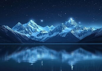 A serene night scene of snow-capped mountains under the starry sky, reflecting in a tranquil lake