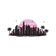 palm landscape with tall houses of a big city vector silhouette logo
