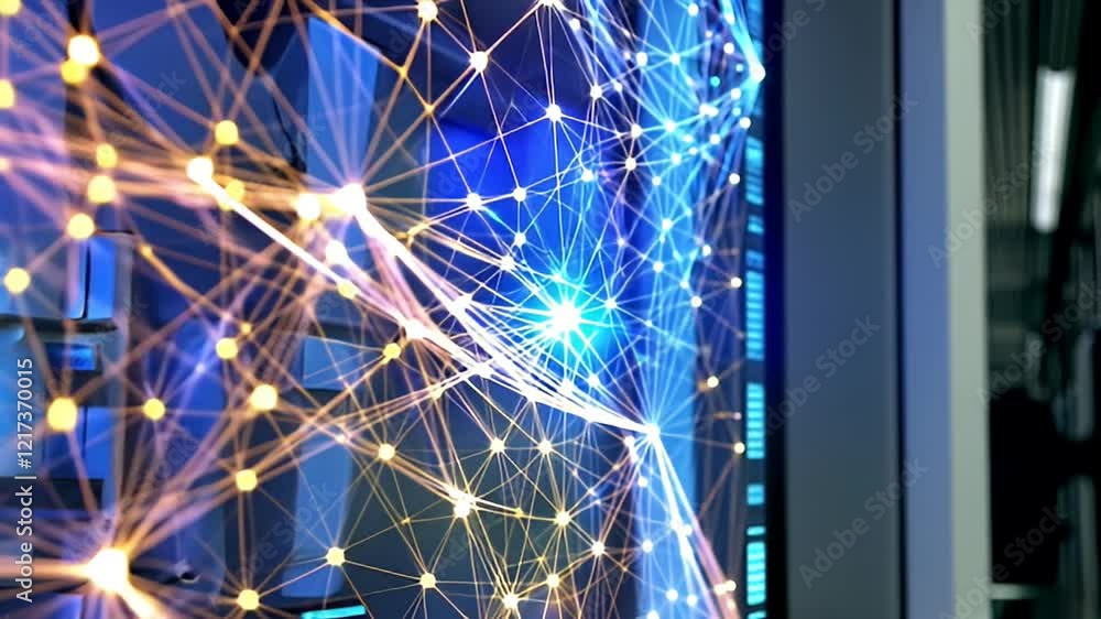 Poster glowing network of connections dynamic data technology with pulsing lights and digital displays
