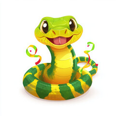 cheerful cartoon snake with vibrant green and yellow colors, coiled playfully