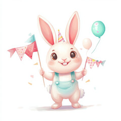 Fototapeta premium Cute cartoon rabbit celebrating with balloons and flags