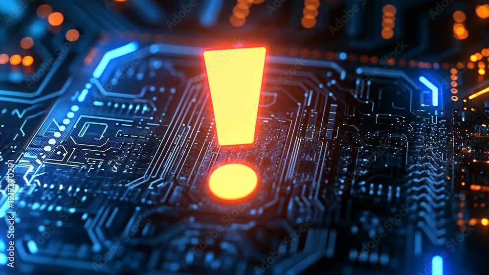 Aufkleber digital circuit board features an illuminated warning symbol amidst intricate electronic pathways an