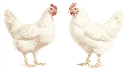 Fototapeta premium Two white chickens facing each other in a minimalist background, showcasing their features
