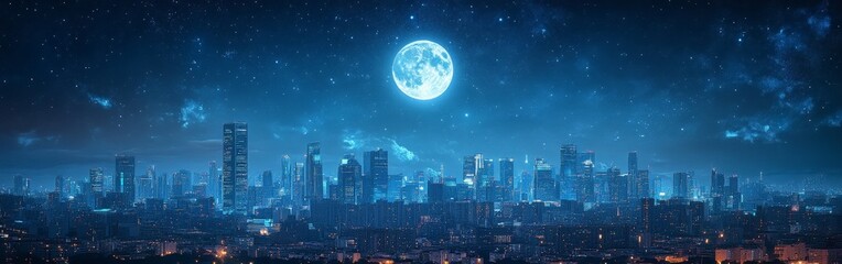A stunning city skyline under a glowing full moon, surrounded by a starry sky, symbolizing beauty, calm, and urban serenity. Ideal for travel, cityscape, and night photography themes.