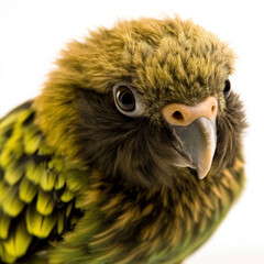 Close-up portrait of a yellow-and-green parrot.