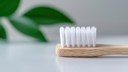 Wooden toothbrush with white bristles. the toothbrush has a light brown handle with a natural wood grain pattern. the bristles are evenly spaced and appear to be clean and well-maintained.