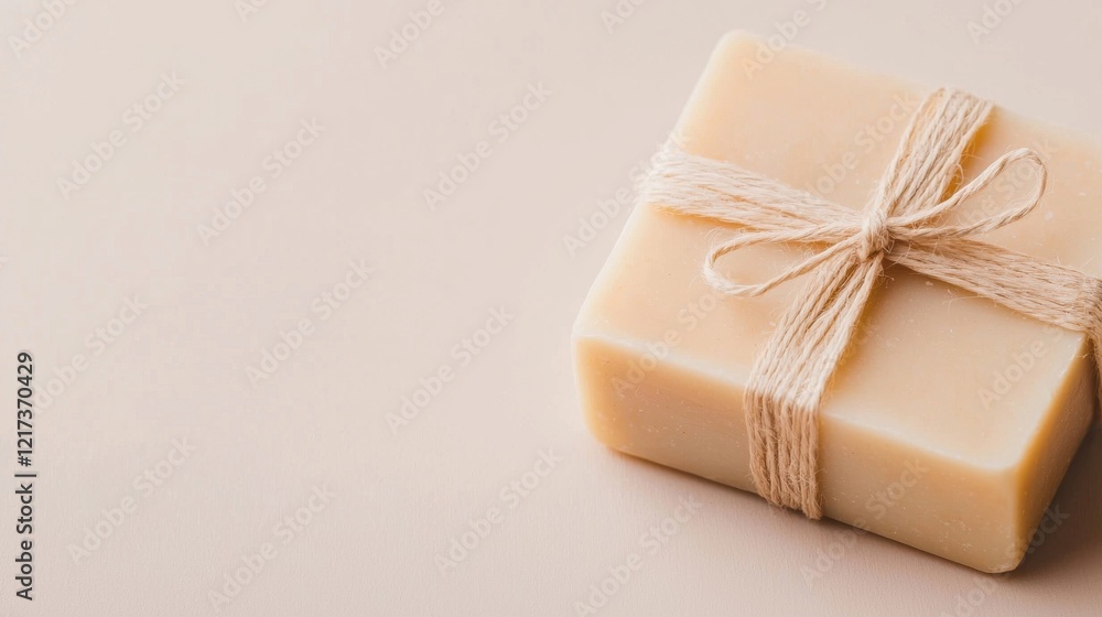 Aufkleber close-up of a square-shaped soap bar tied with twine. the soap bar is light yellow in color and appe