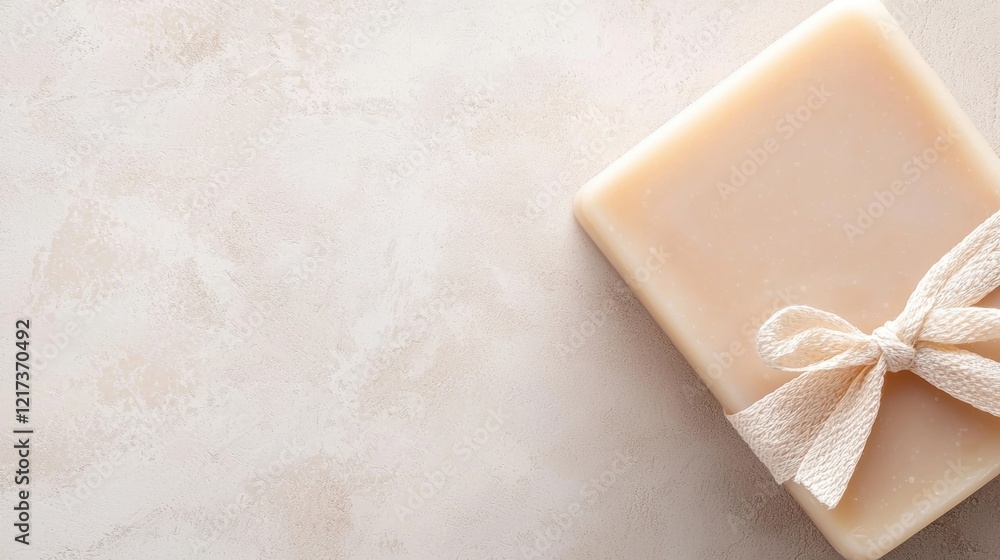Poster flat lay of a square-shaped soap bar tied with a white ribbon. the soap bar is light brown in color 